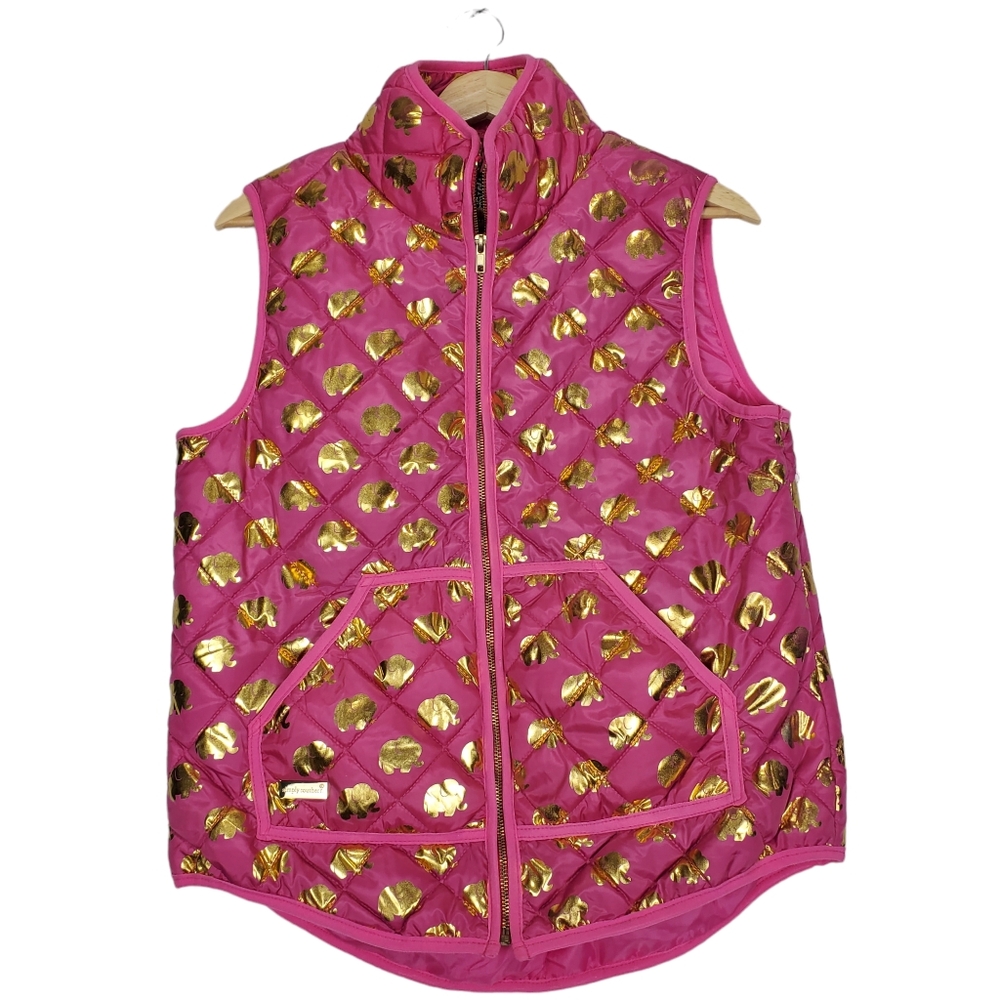 Simply Southern Pink Puffer Vest with Gold Elephant Pattern Size Medium